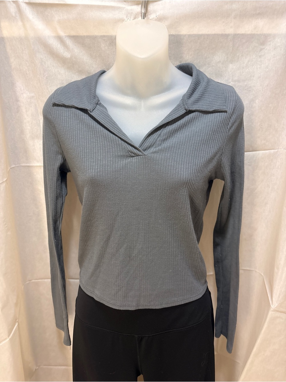 Caution To The Wind Ribbed V-Neck Long Sleeve Top - Gray